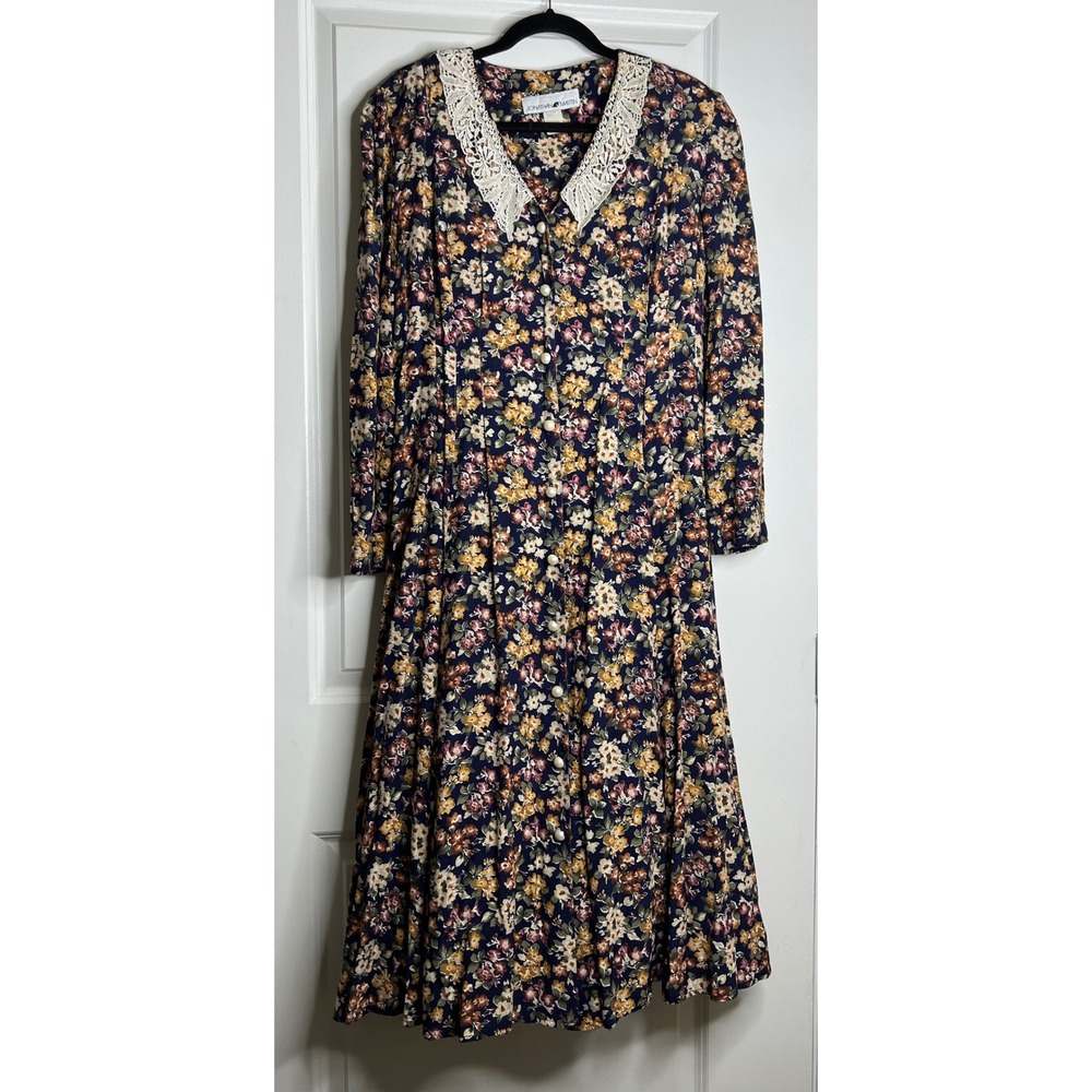 Vintage Jonathan Martin Floral Midi Dress Lace Collar Pearl Button 90s Navy USA